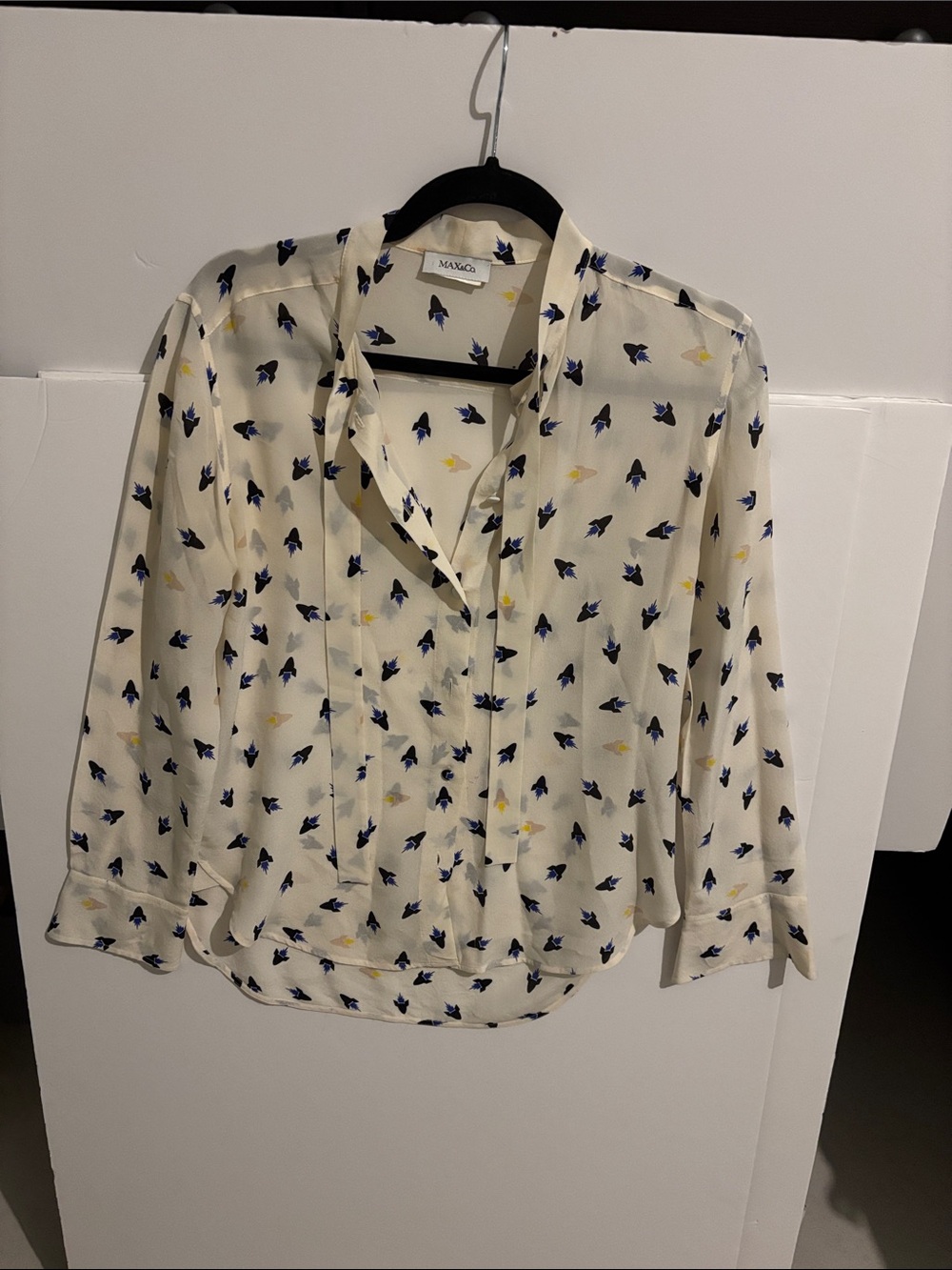 Max & Mara Cream Blouse with Navy and Yellow Bird Print